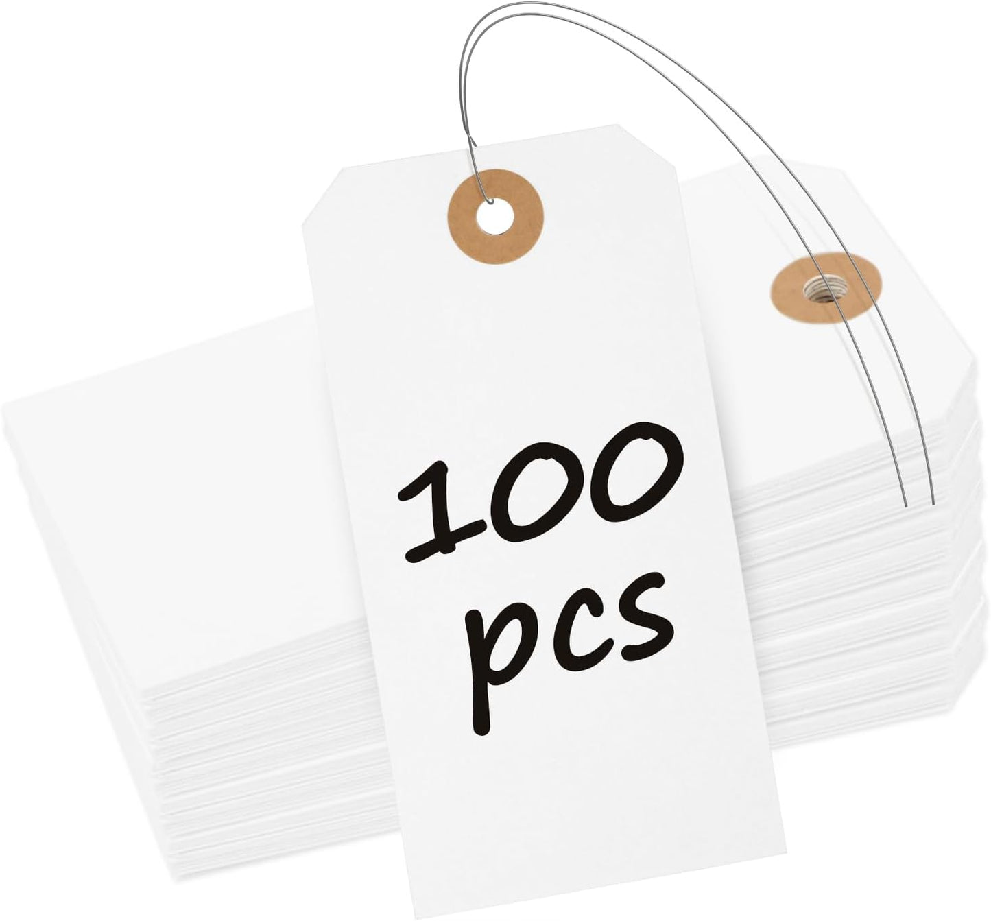 Uniclife 100 Pcs Manila Tags White Blank Shipping Tags with Wire Attached 4.7 Inch Paper Tags Hang Tags with Reinforced Eyelet Large Marking Tags Writable Price Tags Inventory Label Tags, 4.7" x 2.36"