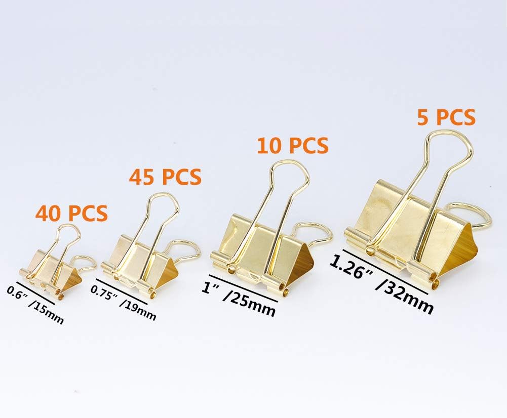Binder Clip Paper Clamps, Assorted Sizes (Mini, Small, Medium, Large), 100 Pcs Clips for Office School Supplies (Gold)