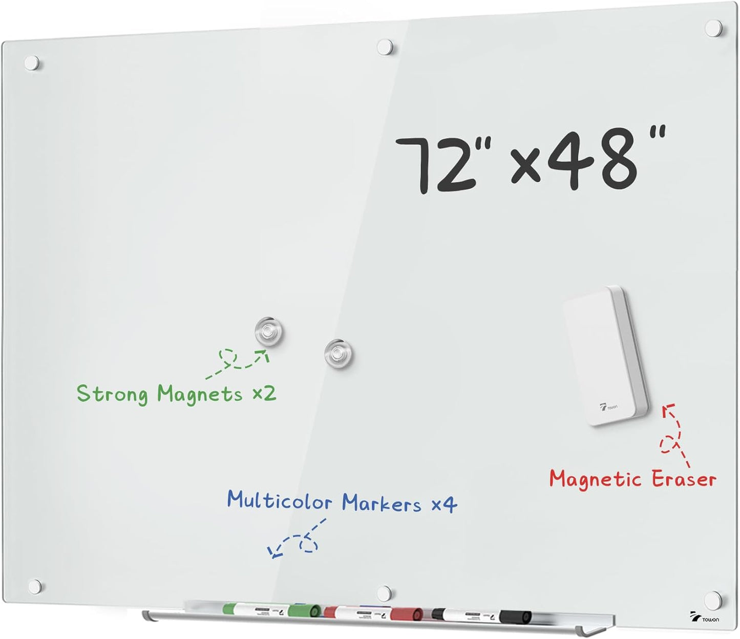 TOWON 6 x 4ft Glass Whiteboard Wall – Magnetic White Dry Erase Board (72 x 48 inches) with Multi-Color Markers, Strong Magnets, Pen Tray & Eraser – Frameless Design for Office, Home & Classroom