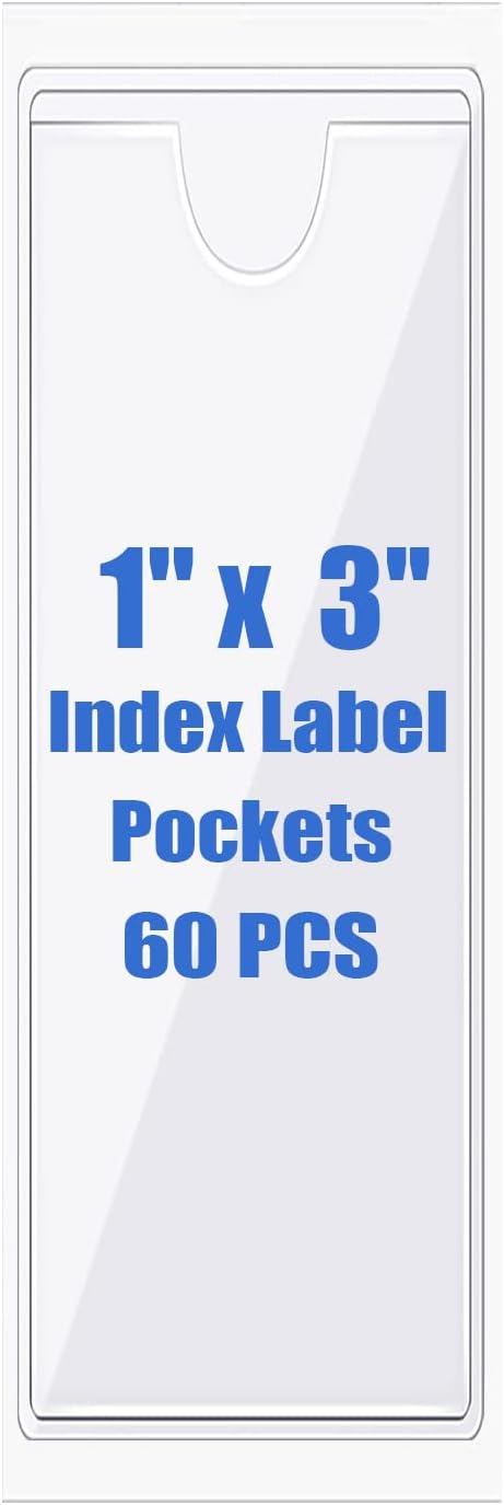 Origin-Joy 60 PCS Self Adhesive Index Card Pockets with Top Open, Clear Plastic Label Holder for Notes, Library and Business, Adhesive Label Pockets & Holder (1 x 3 inch)