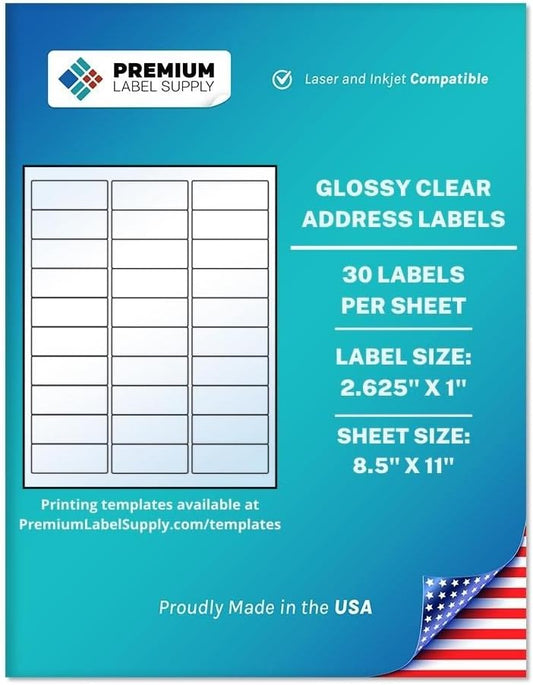 Premium Label Supply Glossy Clear Address Labels – 2.625" x 1" – Laser/Inkjet Compatible – (30 per Sheet), 10 Sheets - 300 Total Adhesive Labels