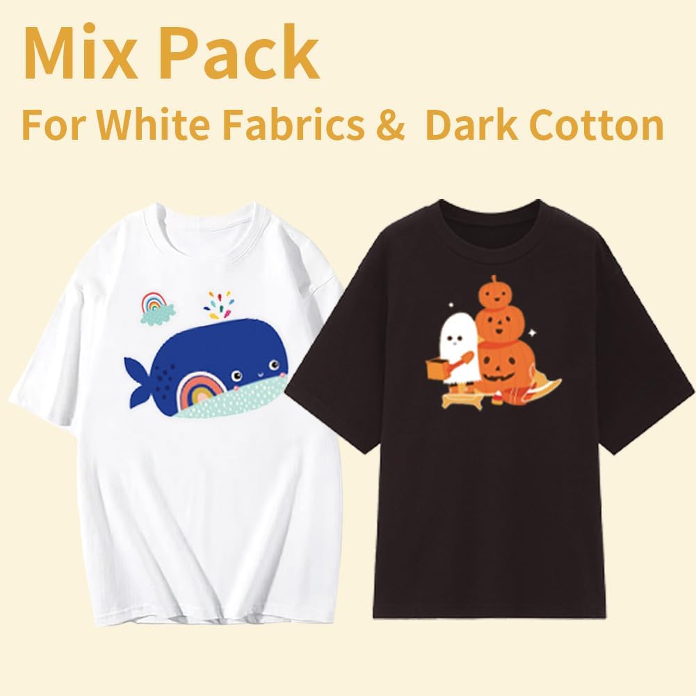 Transmile Heat Transfer Paper for White & Dark Fabrics (20 Sheets, 8.5 x 11", MIX PACK) Iron on Transfers for T Shirts Printable Heat Transfer Vinyl for Inkjet Printer