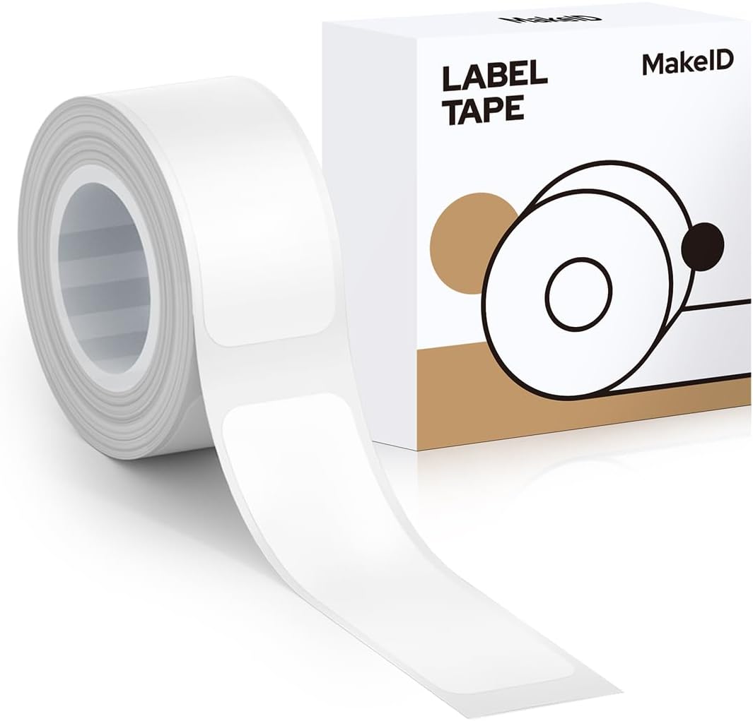 MakeID E1 Q1 Label Maker Tape Refills, 12 x 35mm (0.47" x 1.38') Die-Cut Sticker Thermal Laminated Waterproof Self-Adhesive Multipurpose Labeling Tape Replacement