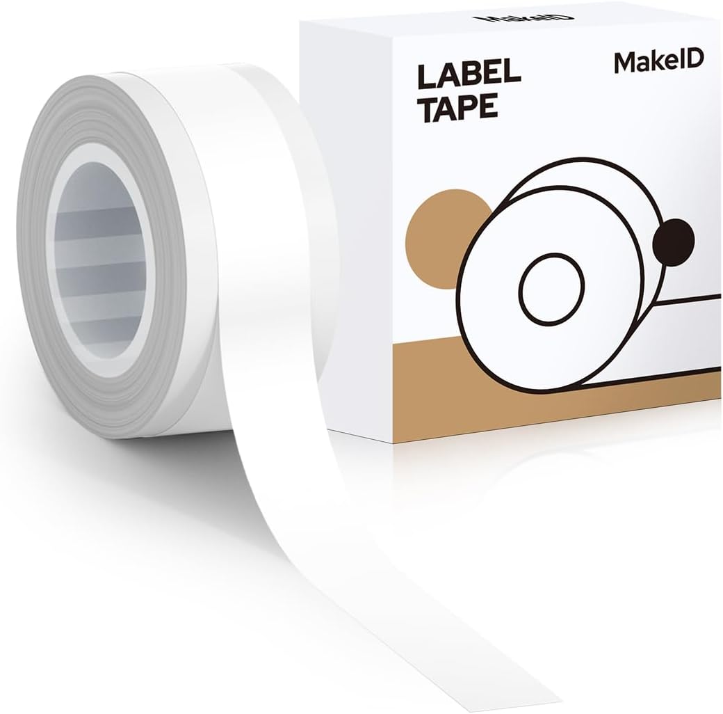 MakeID E1 Q1 Label Maker Tape Refills, 9mm x 4m (0.35" x 13') Continuous Sticker Thermal Laminated Waterproof Self-Adhesive Multipurpose Labeling Tape Replacement
