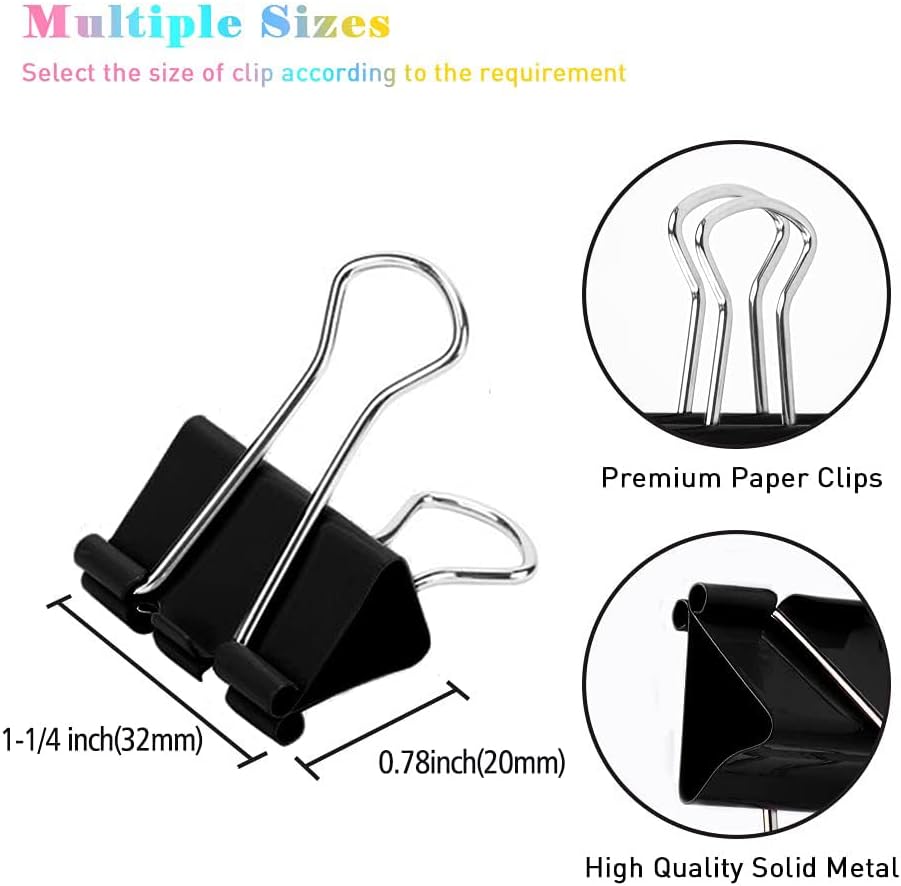 Medium Binder Clips, 72 Pack, 1-1/4 Inch, 1.25 Inch, Standard 32mm, Black, Capacity 0.6 Inch, Metal Paper Clips, Fold Clamp, Office Clips, School & Home Use