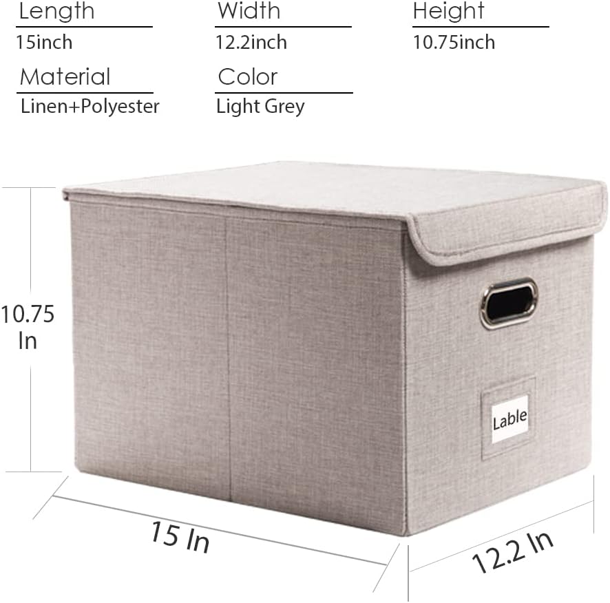 PRANDOM File Organizer Box - Set of 1 Collapsible Decorative Linen Filing Storage Hanging File Folders with Lids Office Cabinet Letter Size Light Grey (15x12.2x10.75 inch)