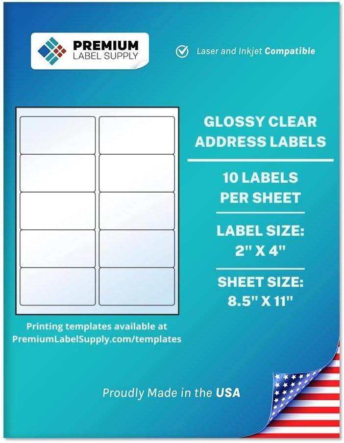 Premium Label Supply Glossy Clear Address Labels – 2" x 4" – Laser/Inkjet Compatible – (10 per Sheet), 10 Sheets – 100 Total Adhesive Labels