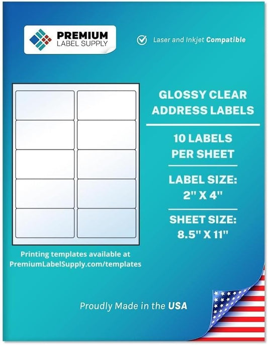 Premium Label Supply Glossy Clear Address Labels – 2" x 4" – Laser/Inkjet Compatible – (10 per Sheet), 10 Sheets – 100 Total Adhesive Labels