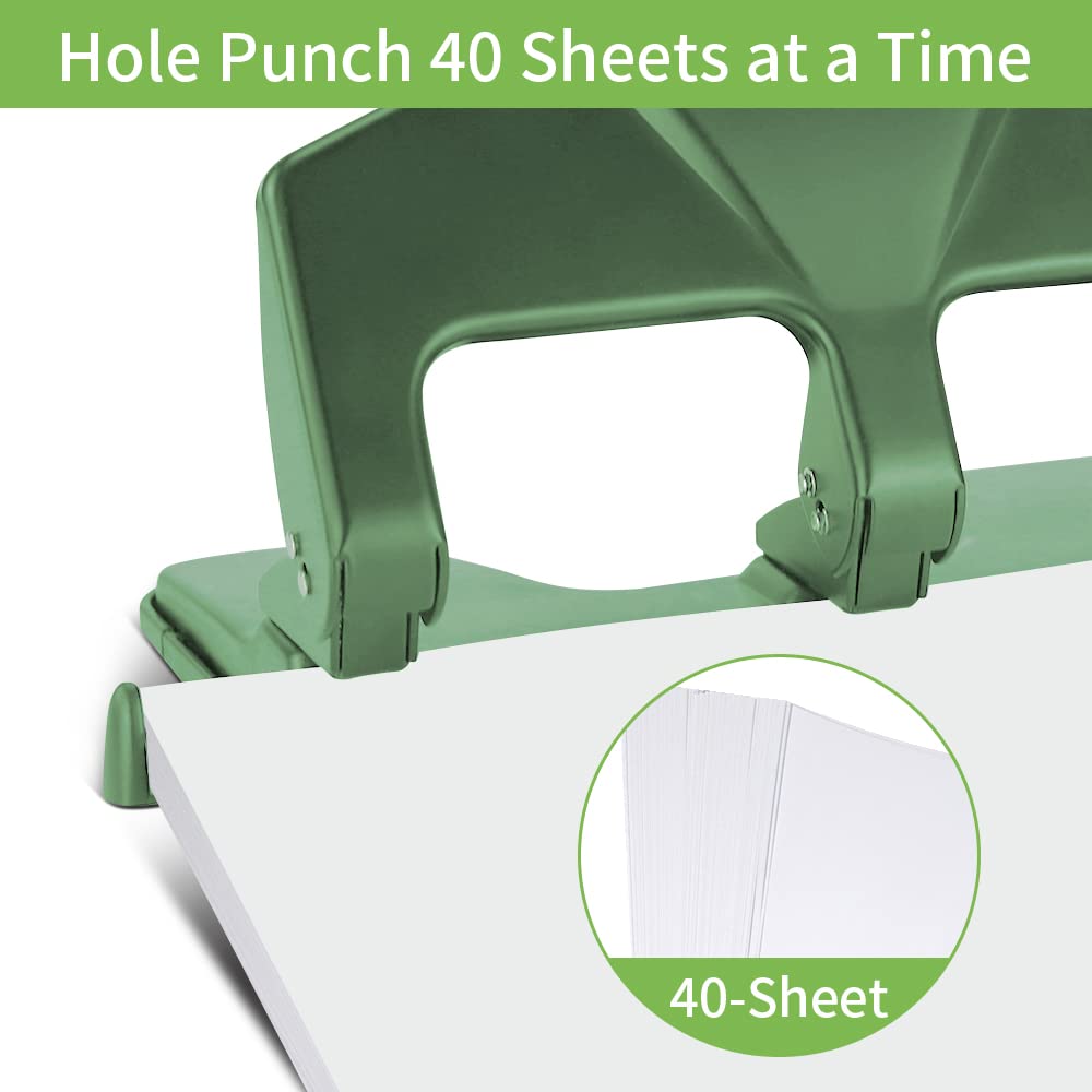 Heavy Duty 3 Hole Punch, 40-Sheet Heavy Duty Paper Punch, 50% Reduced Effort 3-Hole Punch, AFMAT Metal Hole Puncher 3 Ring, Three-Hole Paper Puncher w/Large Chip Tray for Classroom, Office, Green