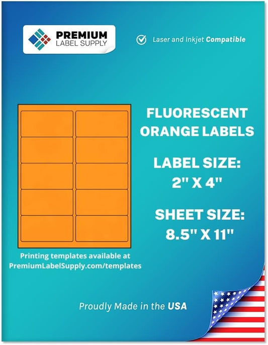Premium Label Supply Bright Neon Color Fluorescent Stickers - 2" x 4" Labels - (Orange Fluorescent, 5000 Labels)