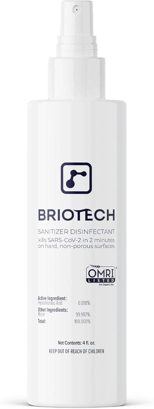 BRIOTECH Sanitizer Disinfectant Hypochlorous Spray, Kill 99.99% of Viruses & Bacteria, Control Mold, Eliminate Odor, Gentle for Nursery & Play Rooms, Food Contact Surface Sanitizer, 4 fl oz