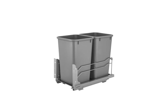 Rev-A-Shelf Double Pullout Trash Can for Base Kitchen Cabinets 27 Quart 12.5 Gallon with Soft-Close Slides, Metallic Silver, 53WC-1527SCDM-217
