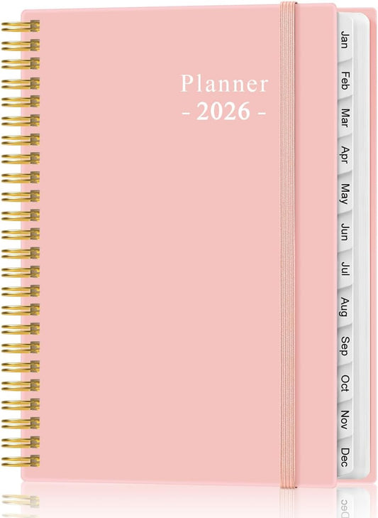 2026 Planner - Planner 2026 from January 2026 - December 2026, Weekly & Monthly Planner Spiral Bound with 12 Monthly Tabs, Inner Pocket, 6.4" x 8.5", Pink-E