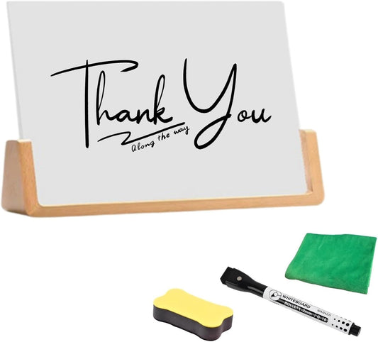 Desktop Glass Whiteboard with Wood Base, 8.46" x5.12" Small Desk Dry Erase Board Mini Whiteboard for Office Home, Accessories Included