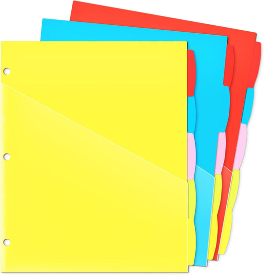 WOT I Plastic 5-tab Dividers with 2 Clear Pockets - 3 Sets, 15 Tabs Binder Dividers for 3 Ring Binder, 5 Fresh Colors