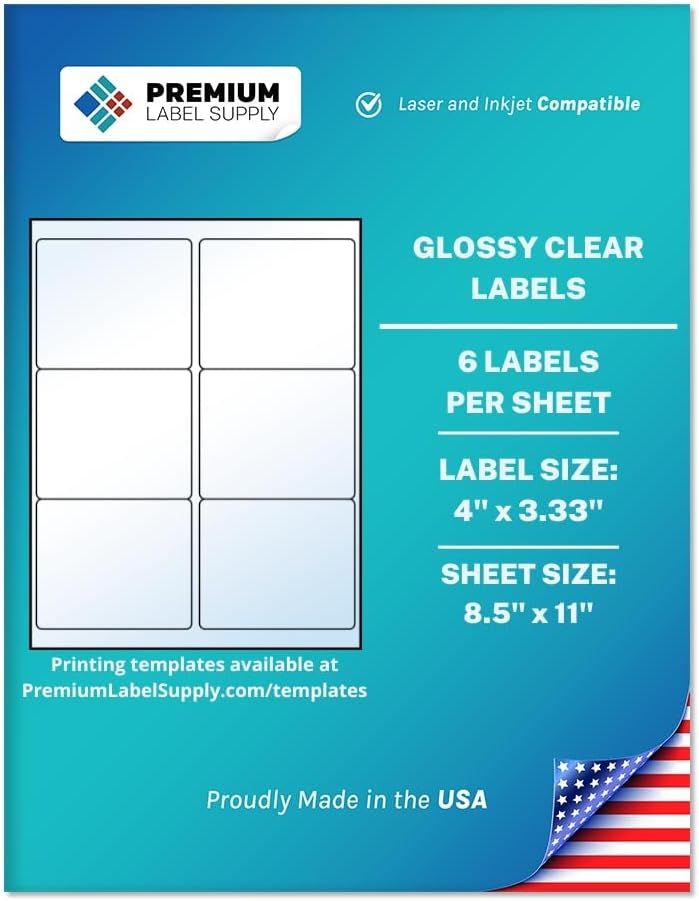 Premium Label Supply Glossy Clear Mailing Labels – 4" x 3.33" – Laser/Inkjet Compatible – (6 per Sheet), 1000 Sheets – 6,000 Total Adhesive Labels
