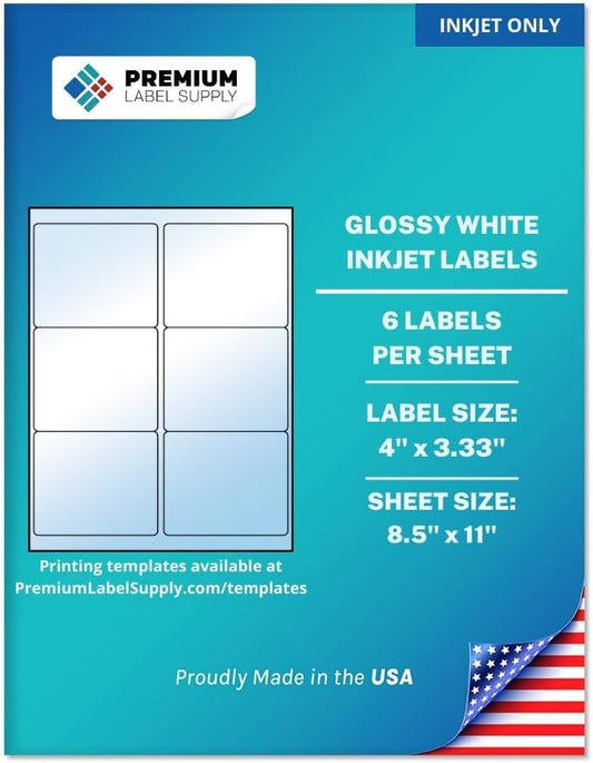Premium Label Supply Glossy White Sticker Labels – 4" x 3.33" – (6 per Sheet) (Glossy White for Inkjet Only, 3,000 Labels)