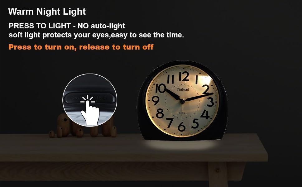 5.5" Large Analog Alarm Clock Silent Non Ticking, Gentle Wake, Beep Sounds, Increasing Volume, Battery Operated Snooze and Manual Light, Easy Set, Black (Best for Elder)