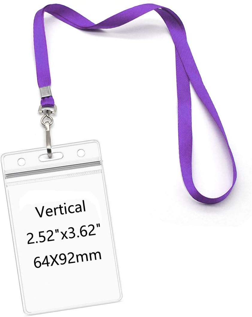 Lanyards with Id Holder Name Badges Waterproof Name tag Badge Holders with Neck Lanyard Swivel J-Hook Clip 50 Pack (Purple, Vertical)