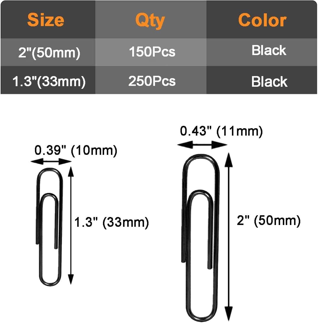 Vinaco Paper Clips Black, 400PCS Medium and Jumbo Paper Clips (1.3 inch & 2.0 inch), Durable & Rustproof, Coated Paperclip Great for Office School and Personal Use(Black)