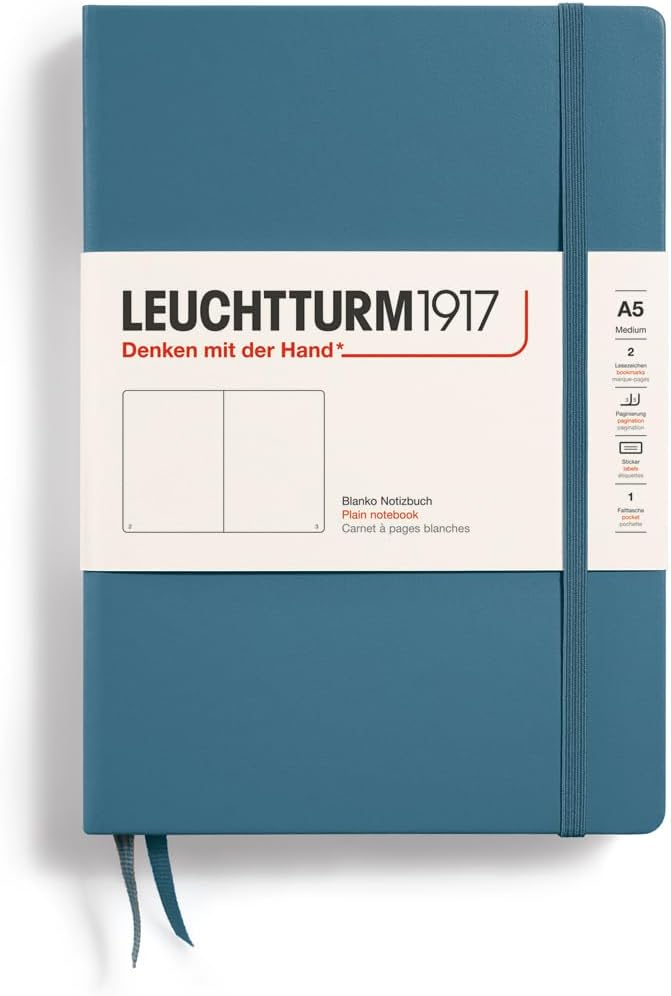 LEUCHTTURM1917 - Notebook Hardcover Medium A5-251 Numbered Pages for Writing and Journaling (Stone Blue, Plain)