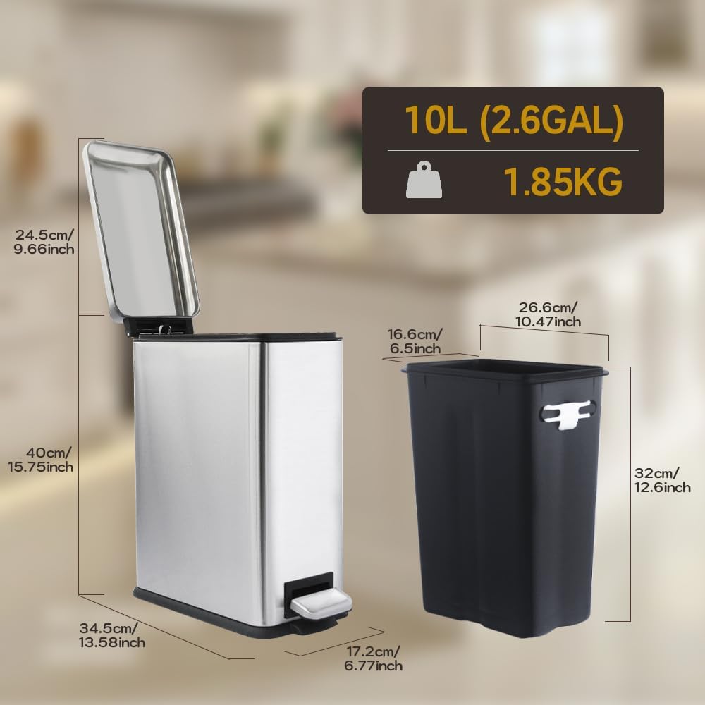 Bathroom Trash Can, 10L/2.6 Gallon Stainless Steel Step Slim Garbage Can, Pedal Trash Bin with Removable Liner Bucket, Soft Close Lid, Rectangle Trash Bin for Office, Kitchen, Bedroom