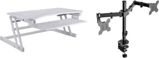 Rocelco 37.5" Height Adjustable Standing Desk Converter with Dual Monitor Mount and Slide Out Retractable Keyboard Tray - Sit Stand Up Double Screen Tabletop Riser Workstation - White (R DADRW-DM2)