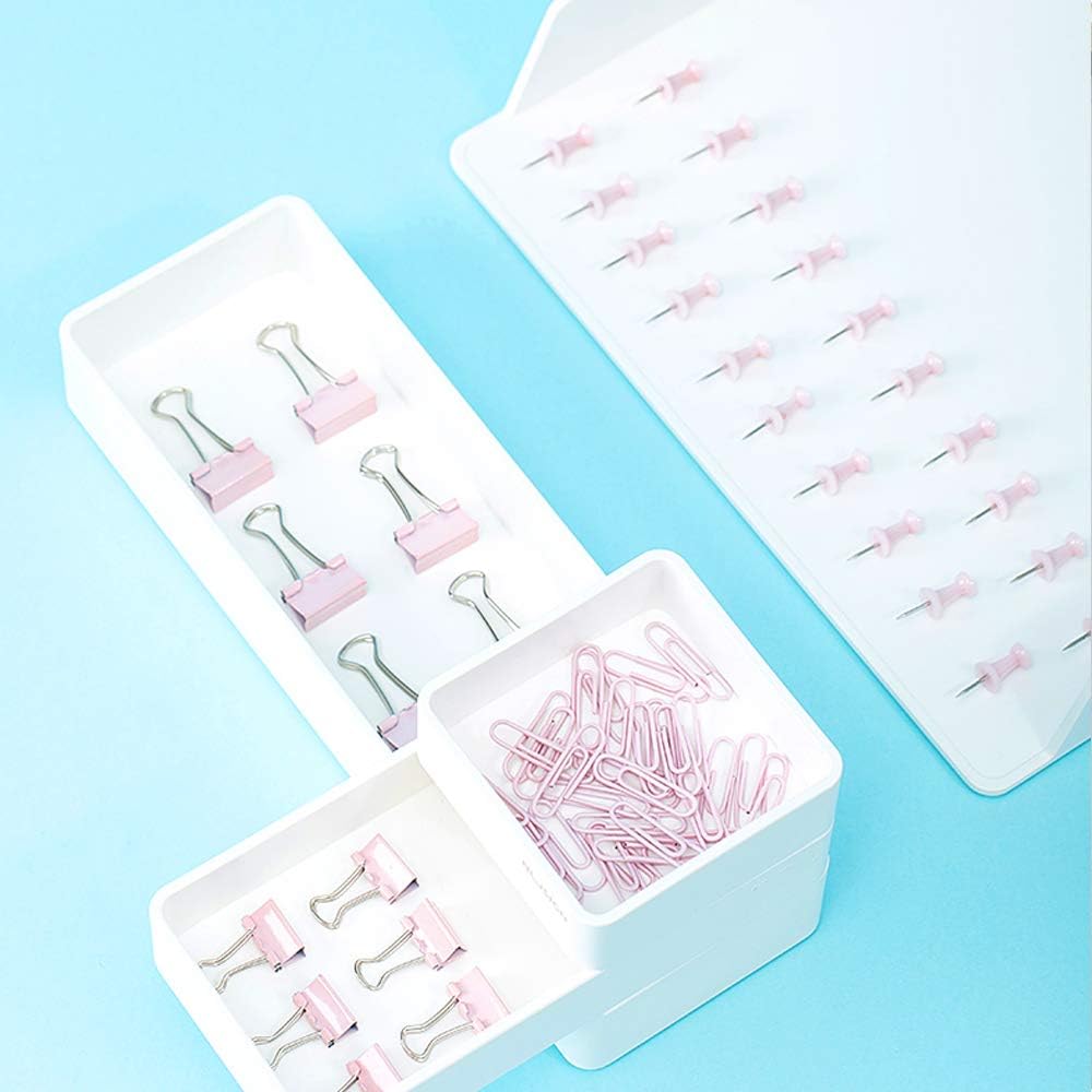 Paper Clips and Binder Clips Set, Metal Assorted Sized Binders with Push Pins, Cute Office Supplies for Desk, Desk Accessories (Pink)