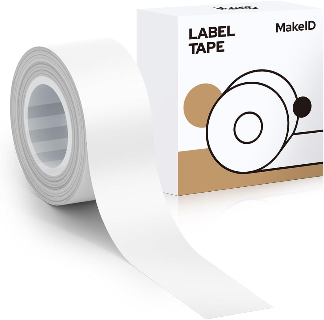 MakeID E1 Q1 Label Maker Tape Refills, 16mm x 4m (0.63" x 13') Continuous Sticker Thermal Laminated Waterproof Self-Adhesive Multipurpose Labeling Tape Replacement