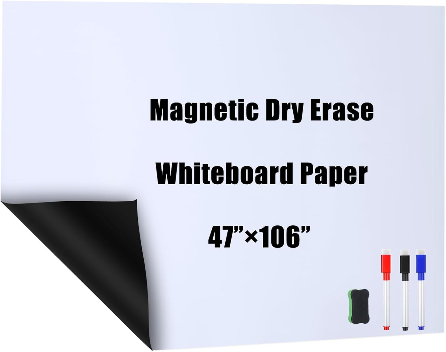 Magnetic Dry Erase Whiteboard Contact Paper White Board Wall Paper Magnetic White Board Wall Decal Peel and Stick for Classroom Playroom Office with 3 Markers and Eraser(47 x 106 Inch)