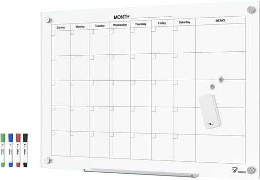 TOWON Tempered Glass Calendar Dry Erase Board for Wall, 3' x 2' Magnetic Whiteboard Calendar Planner for Office, Home, School Supplies, White, 36 x 24 Inches