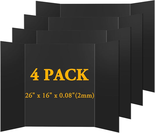 4PCS Medium Trifold Poster Board 26" x 16" Black Tri Fold Presentation Boards, Corrugated Cardboard Picture/Project Display Boards for Event, Exhibition, Business, School Project, Science Fair