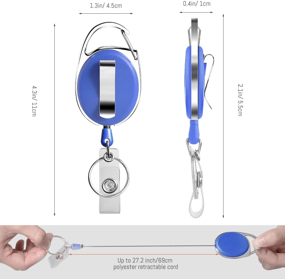 Retractable Badge Holder with Carabiner Reel Clip and Key Ring for ID Card Key Keychain Holders Blue 10 Pieces