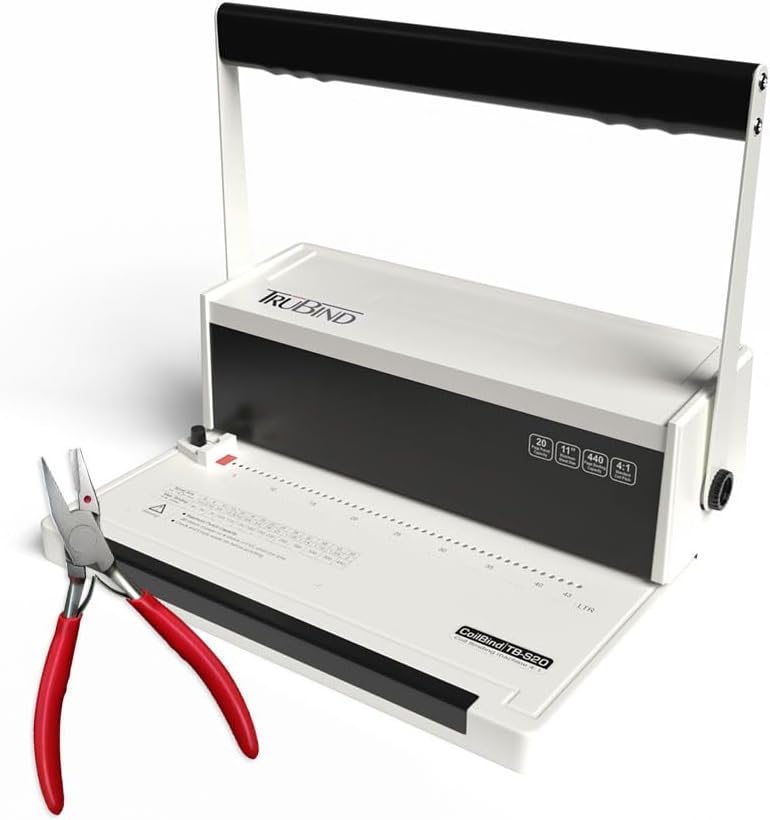 TruBind Manual Coil Binding Machine with Adjustable Side Margin | 20 Sheet Punch Capacity | Bind up to 440 Sheets with 4:1 Pitch | 2-Year Warranty | Heavy-Duty Coil Crimping Pliers Included