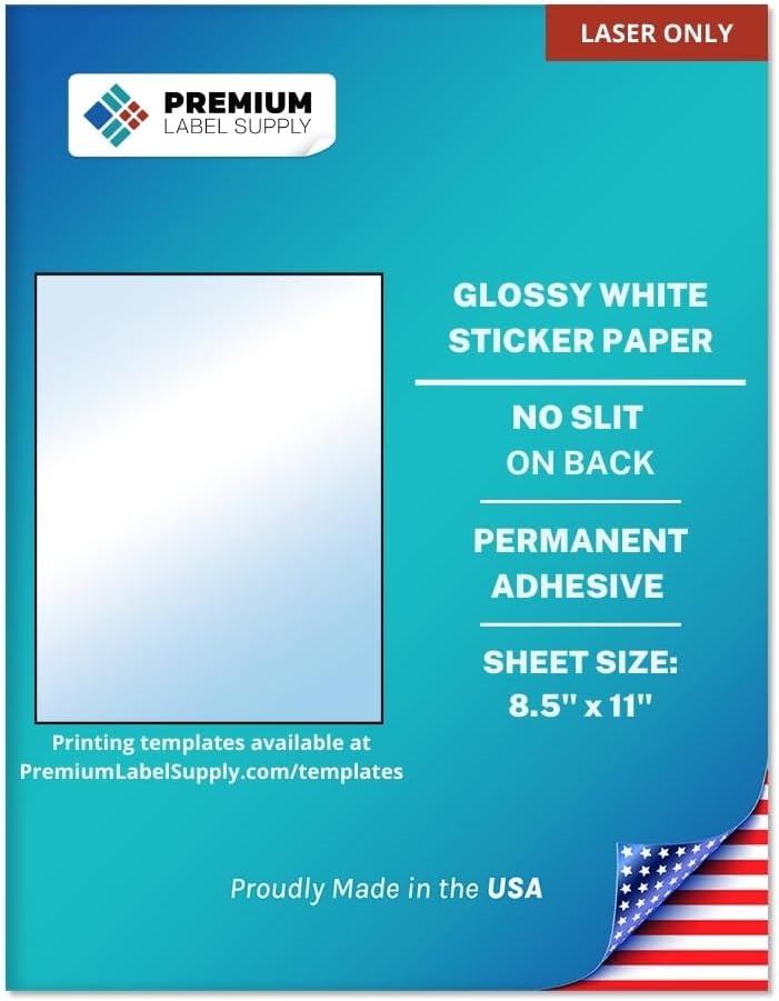 Premium Label Supply Glossy White Sticker Paper – 8.5" x 11" Full Sheet Labels – Laser Printers Only – 10 Sheets - Letter Size