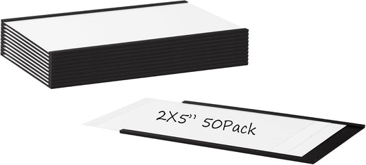 Realth C Channel Magnetic Label Holders 50 Pack 2'' x 5'' with Paper Inserts and Clear Plastic Protectors, Magnetic Data Card Holders File Cabinet Labels for Metal Racks and Shelves