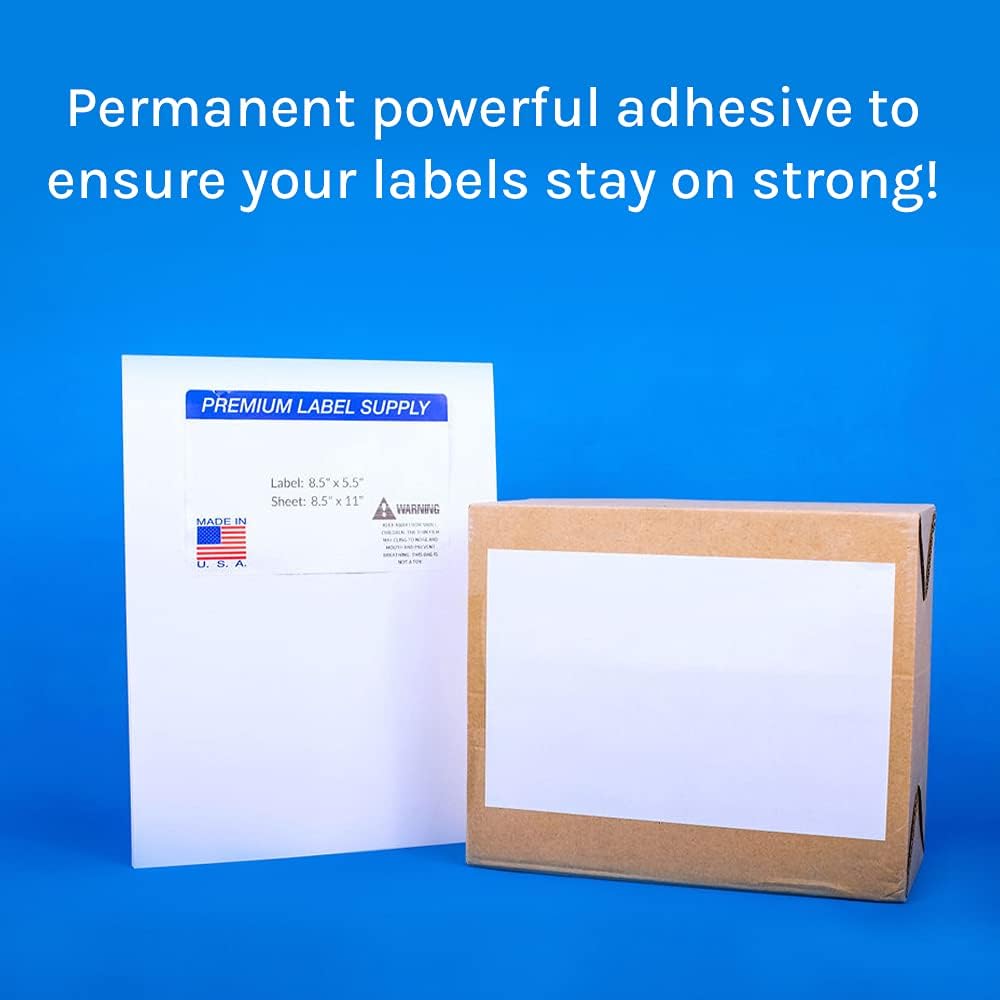 Premium Label Supply White Sticker Half Sheet Labels – 8.5" x 5.5" – Laser/Inkjet Compatible – (2 per Sheet), 1000 Sheets - 2000 Total Adhesive Labels