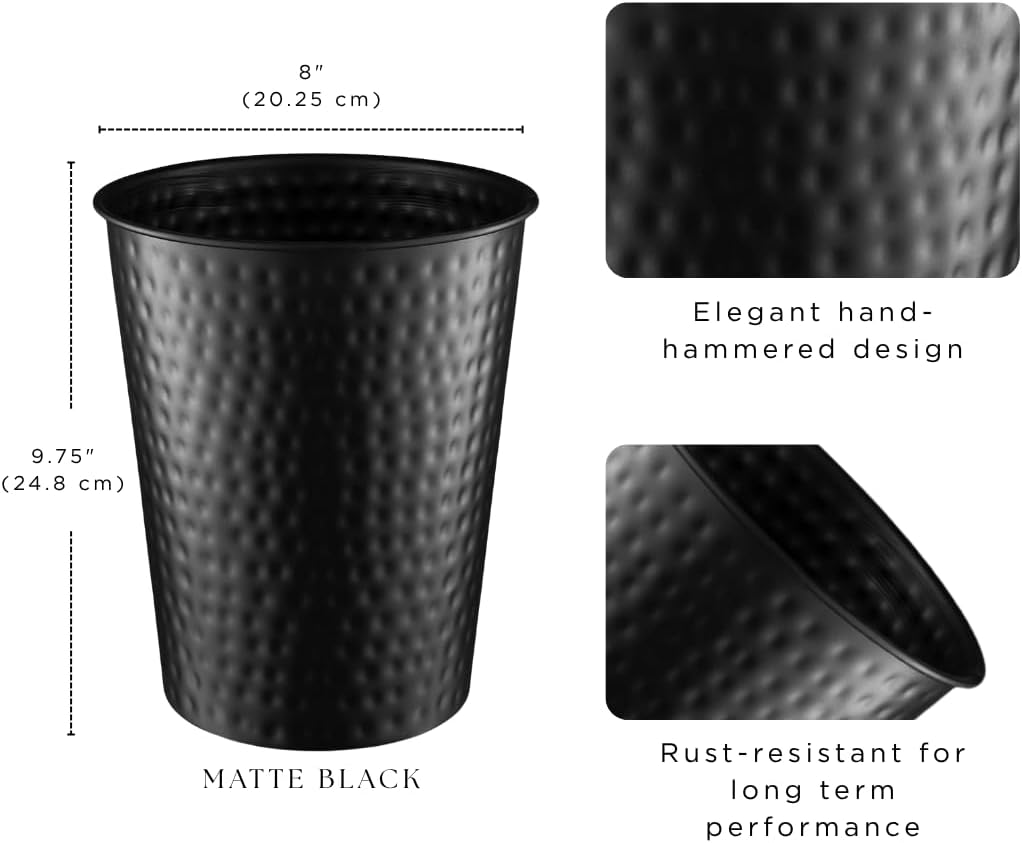 Monarch Abode Black Hand Hammered Metal Wastebasket for Home Office Bedroom, Decorative Waste Basket, Modern Bathroom Garbage Can, Durable & Decorative Trash Bin, Black Bathroom Trash Can