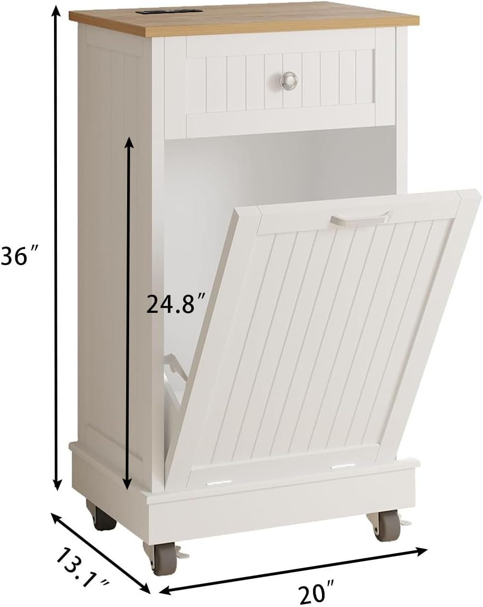 10 Gallon Tilt Out Trash Cabinet, Wooden Kitchen Trash Can Cabinet with Hideaway Drawer, Freestanding Laundry Hamper Garbage Recycling Cabinet on Wheels, Pet Proof, Single, White