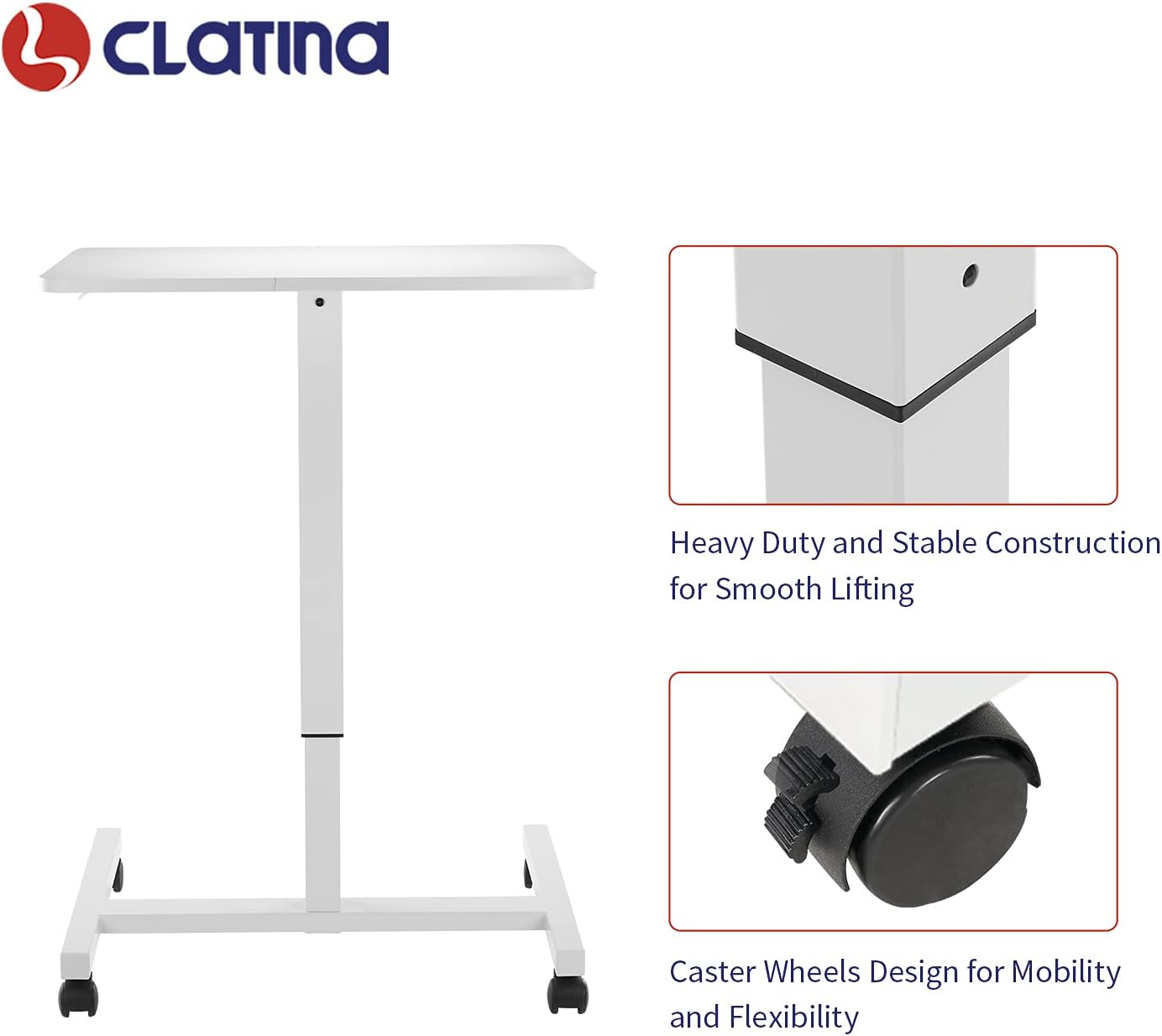 CLATINA Mobile Laptop Desk Pneumatic Sit to Stand Table Height Adjustable Rolling Cart with Lockable Wheels for Home Office Computer Workstation 28" x 19" White Round Edge Design Elegant