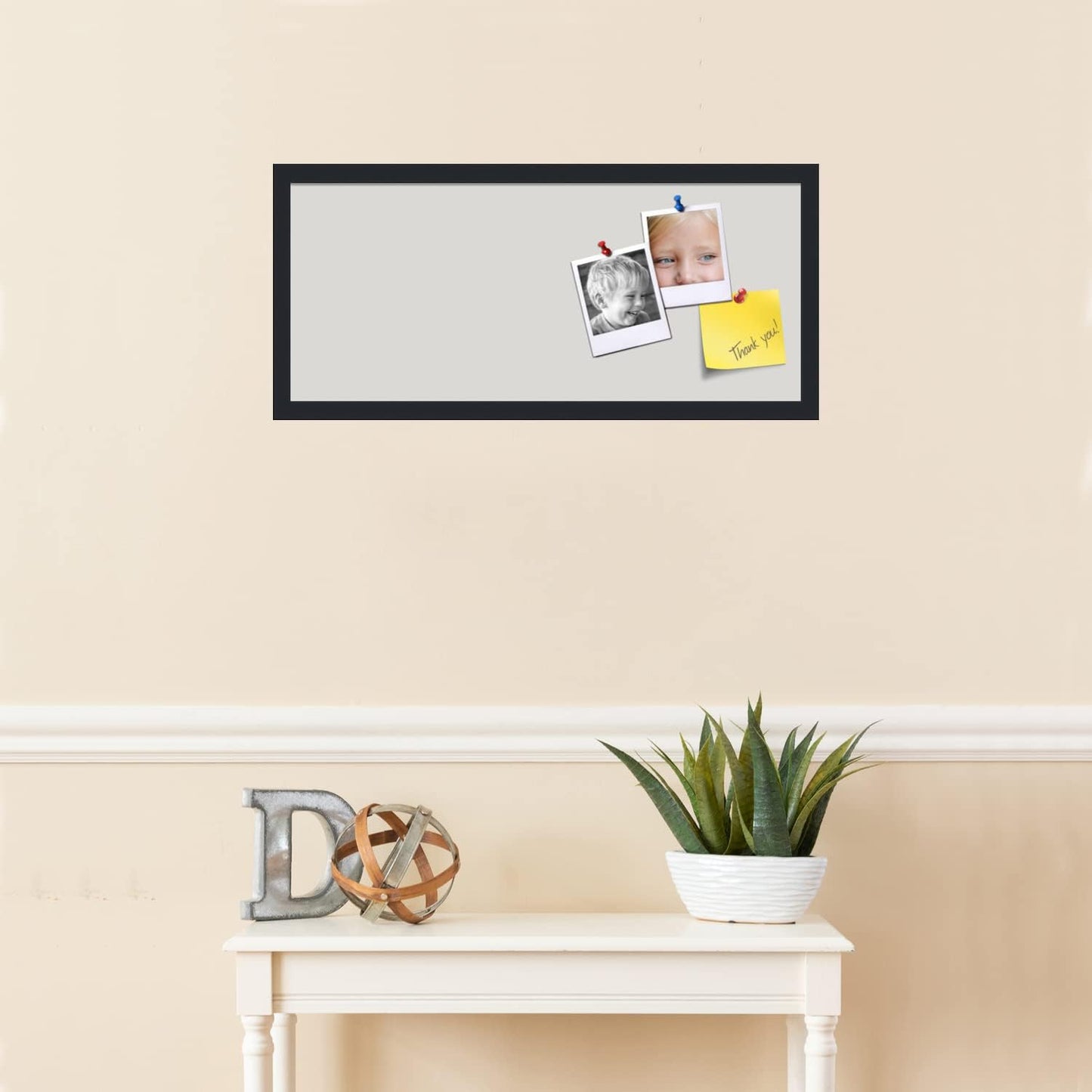PinPix 28x12 Inch Cork Bulletin Board. This Decorative Framed Pin Board Comes with Light Stone Design and a Satin Black Frame. Ideal for Home Office Decor or Message Board (PinPix-1809)