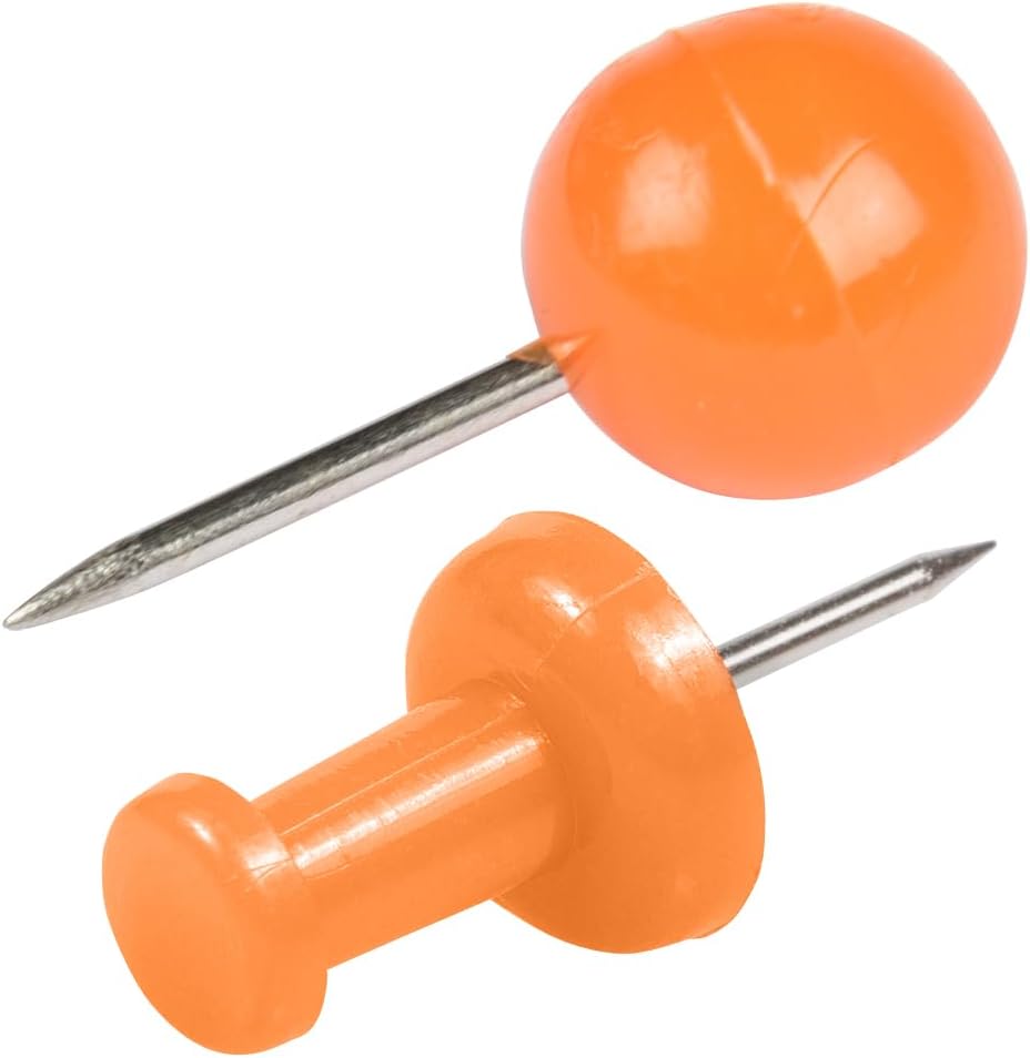 JAM PAPER Colorful Push Pins - Flat & Round Head Thumb Tack Combo Set - Orange Pushpins - 200/Pack