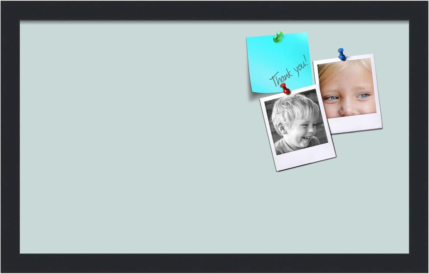 PinPix 20x12 Inch Cork Bulletin Board. This Decorative Framed Pin Board Comes with Soft Blue Design and a Satin Black Frame. Ideal for Home Office Decor or Message Board (PinPix-1814)