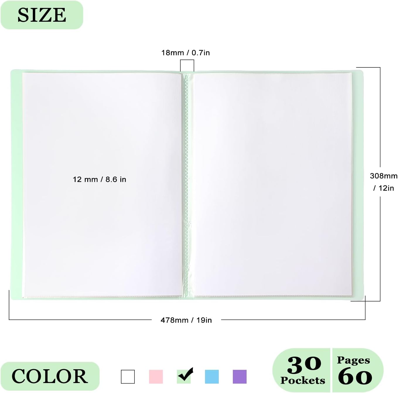 Tamaki Portfolio Binder with Plastic Sleeves, Pocket Portfolio Folder with Clear Sheet Protectors, Display 60 Pages Book, Presentation Book for Artwork, Document Organizer, 1 Pack (Green)