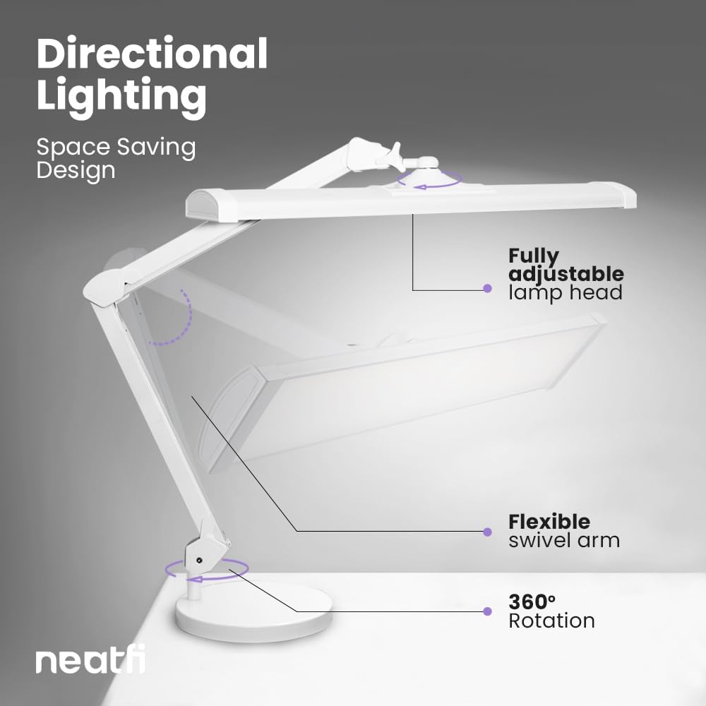 Neatfi Ultra 3,500 Lumen LED Desk Lamp, Color Correlated Temperature, 3 Light Modes, Dimmable, 45W, 26 Inch Wide Metal Shade, 540 SMD LEDs (CCT with Base, White)