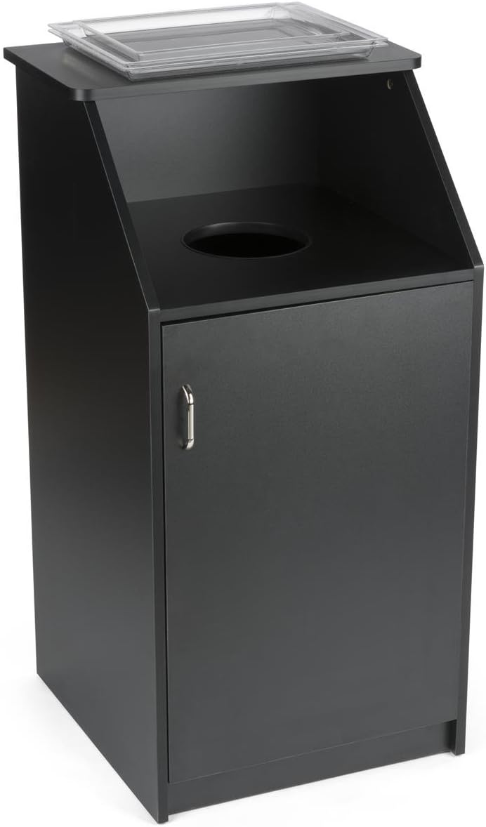 Displays2go Commercial Trash Bin with Black Finish, MDF Construction, Melamine Finish, Circular Cutout - Hinged Door (LCKDTLCSBK)
