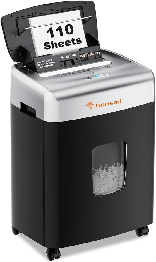 Bonsaii Heavy-Duty Paper Shredder for Home & Office - 110-Sheet Autofeed, Micro Cut, P-4 Security Level, 30-Minute Continuous Shred, 6-Gallon Bin