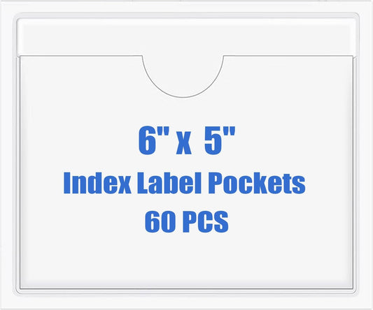Origin-Joy 60 PCS Self Adhesive Index Card Pockets with Top Open, Clear Plastic Label Holder for Cards of Note, Library and Business, Adhesive Label Pockets & Card Holder (6 x 5 inch)