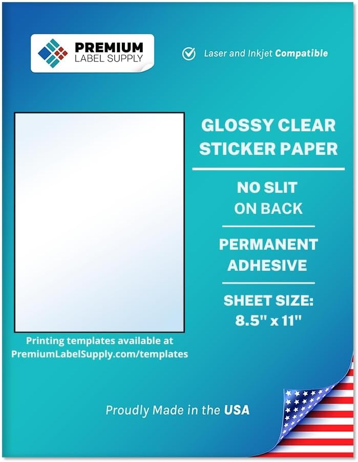 Premium Label Supply Glossy Clear Sticker Paper – 8.5" x 11" Full Sheet Labels – Laser/Inkjet Compatible – 500 Sheets