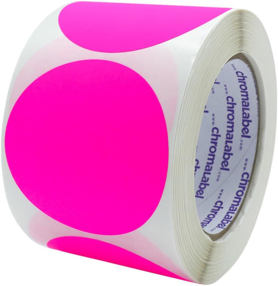 ChromaLabel 3 Inch Circle Sticker Labels, High Visibility Round Colored Stickers, Permanent Stickers - 500 Sticky Dots per Roll, Fluorescent Pink Label Sticker